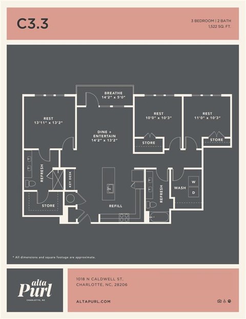 Floor plan for 3 beds, 2 baths, 1522 sqft